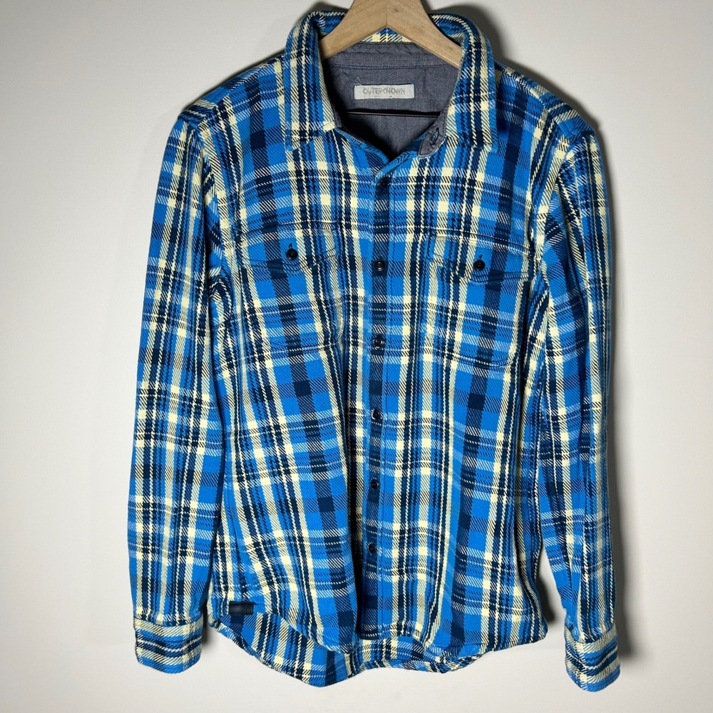 Outerknown Blanket Shirt Mens Large Blue Yellow Plaid Organic Cotton Flannel